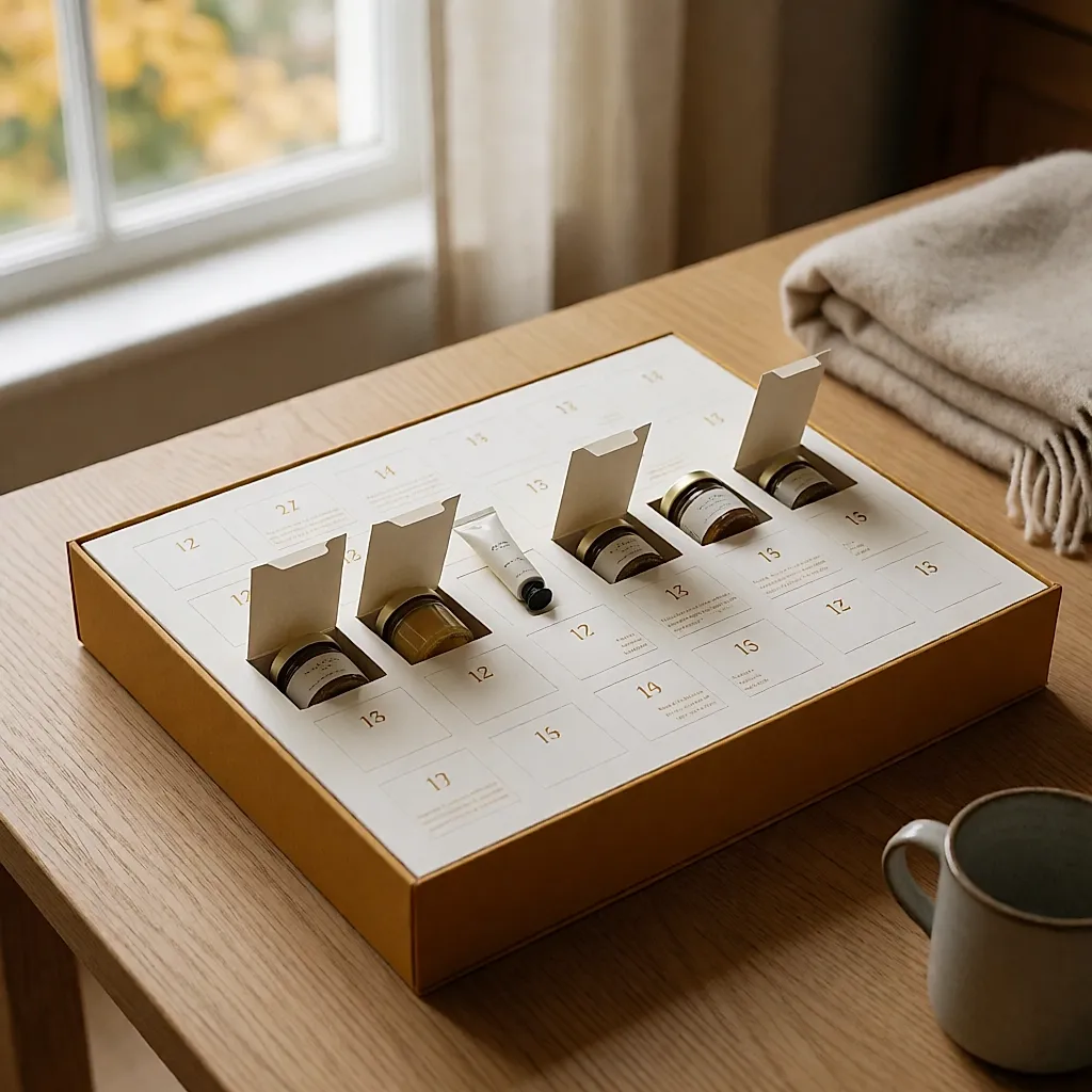 Calendrier de l’Avent beauté ouvert sur une table en bois, quatre fenêtres dévoilant des minis de soin