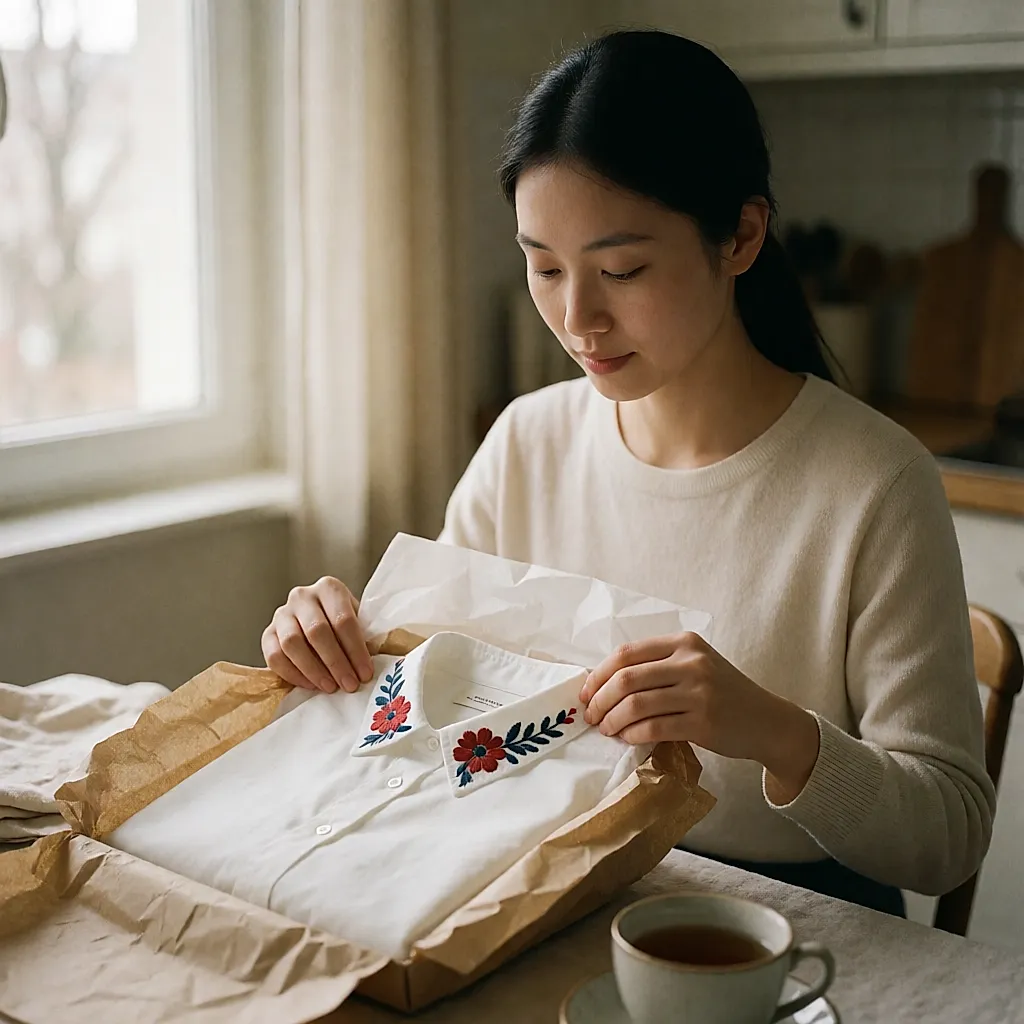 Una camisa blanca desplegada con una flor bordada a mano recién puesta en el cuello