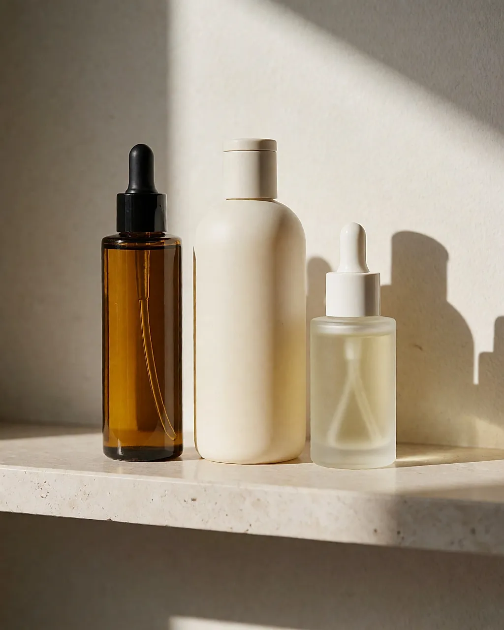 Three unbranded hair care bottles lined up on a stone shelf