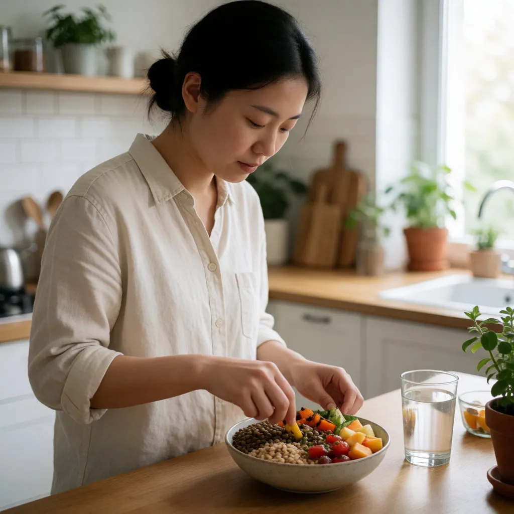 Mujer joven preparando un bol de legumbres, verduras y cereales integrales en una cocina luminosa