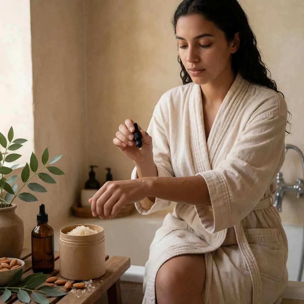 Mujer joven aplicando un aceite vegetal en el brazo, frasco ámbar y exfoliante kraft en el baño