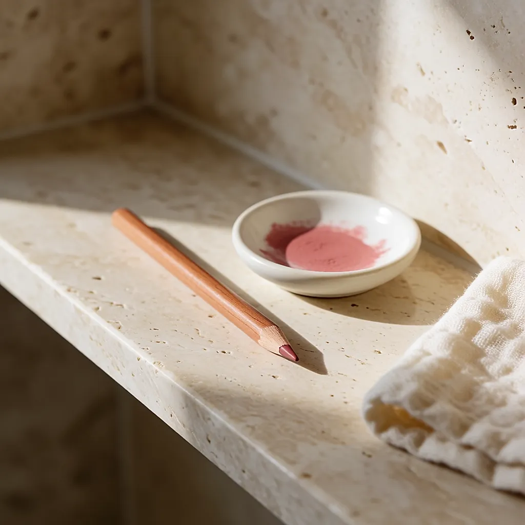 Un crayon à lèvres taillé et une coupelle tachée de rose sur l'étagère de la salle de bains