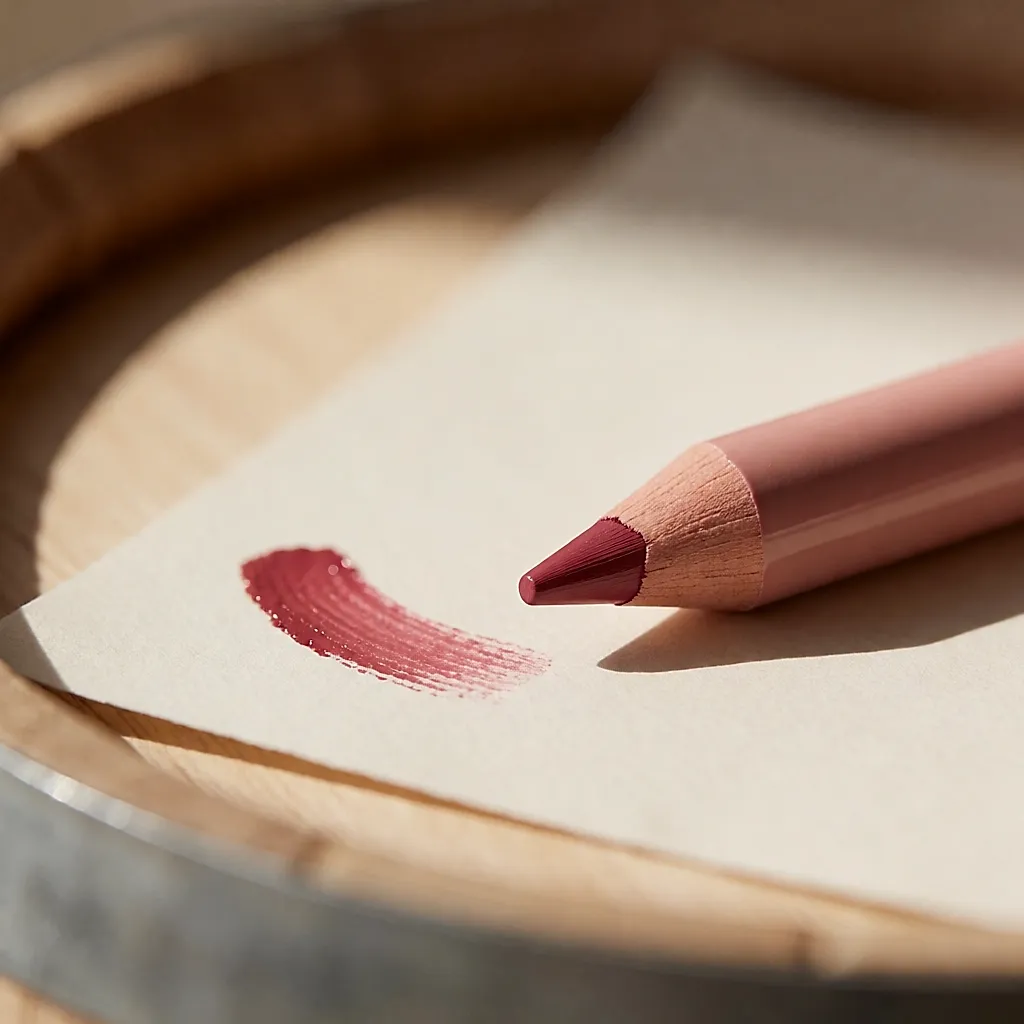 Macro de la mine d'un crayon à lèvres et d'un trait rose déposé sur du papier