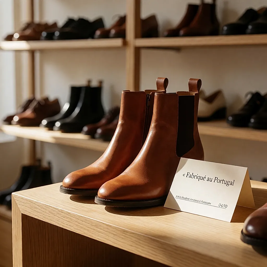 Paire de bottines en cuir exposée en boutique avec une étiquette indiquant le pays de fabrication