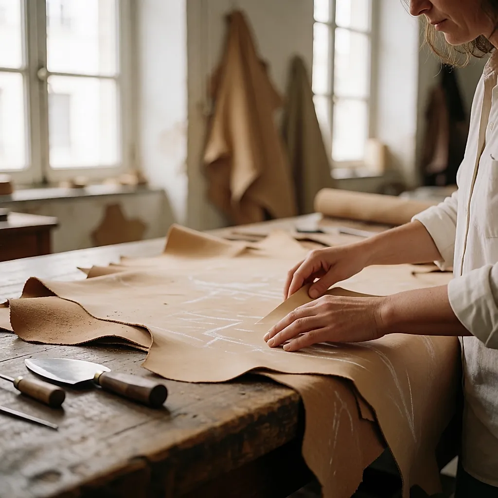 Mains d'une artisane triant des peaux de cuir pleine fleur sur un établi d'atelier