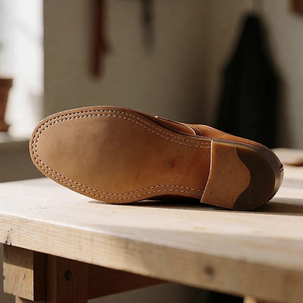 Détail d'une semelle cousue au fil de cire sur une chaussure en cuir pleine fleur