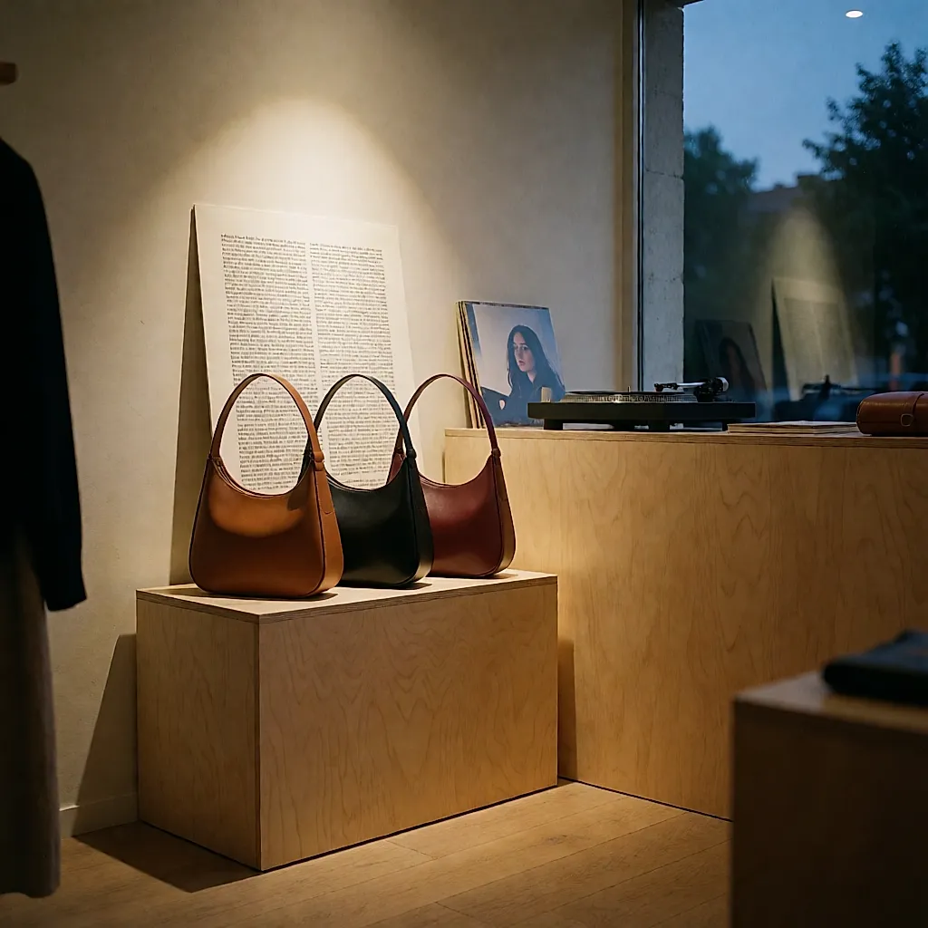 Trois déclinaisons d'un même sac en cuir pleine fleur sur un socle de bois, dans une boutique éphémère au crépuscule