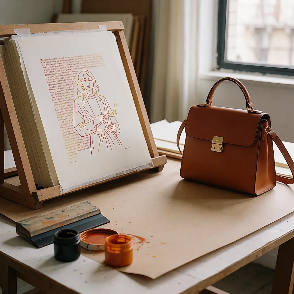 Des affiches sérigraphiées encore fraîches sur l'établi d'un illustrateur, près d'un sac de cuir