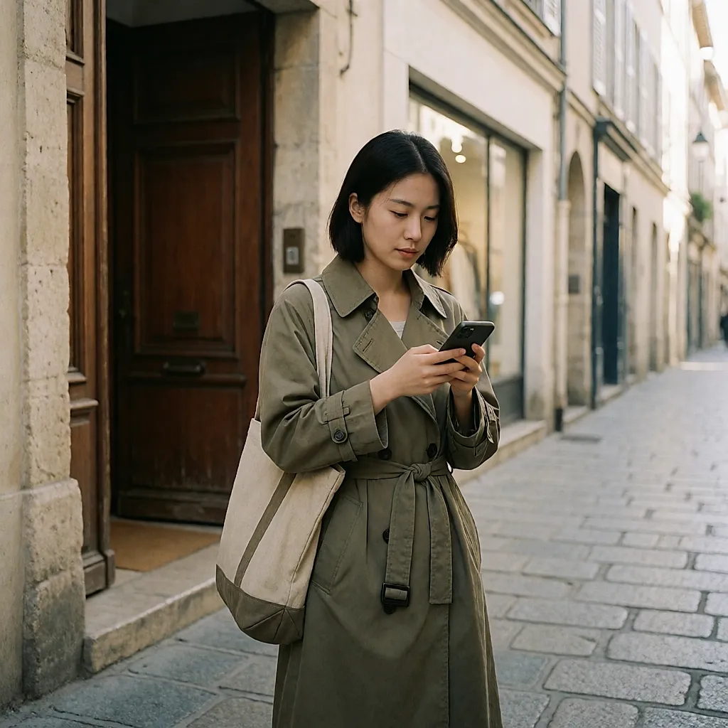 Une jeune femme attend devant une boutique encore fermée, téléphone en main