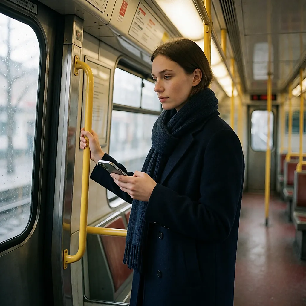 Dans le métro, une passagère valide l'achat d'un soin sur son téléphone