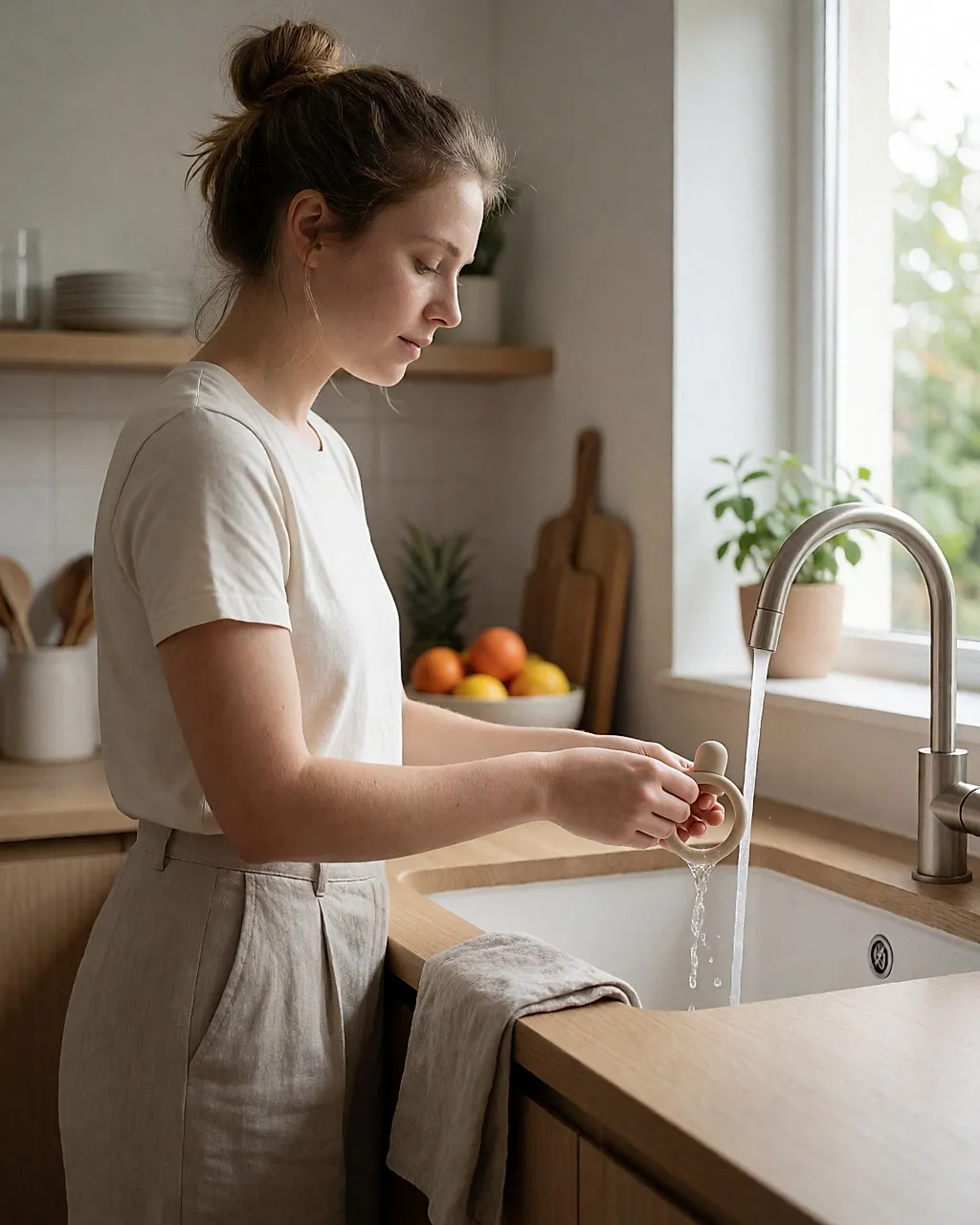 Junge Frau hält einen Beißring unter kaltem Wasser am Waschbecken
