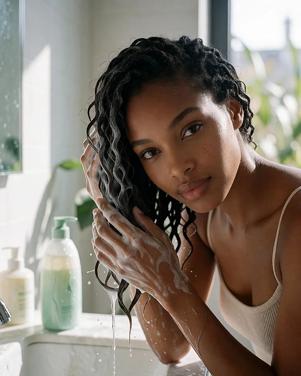 Mains savonnant les cheveux mouillés avec un shampoing dans une salle de bain claire