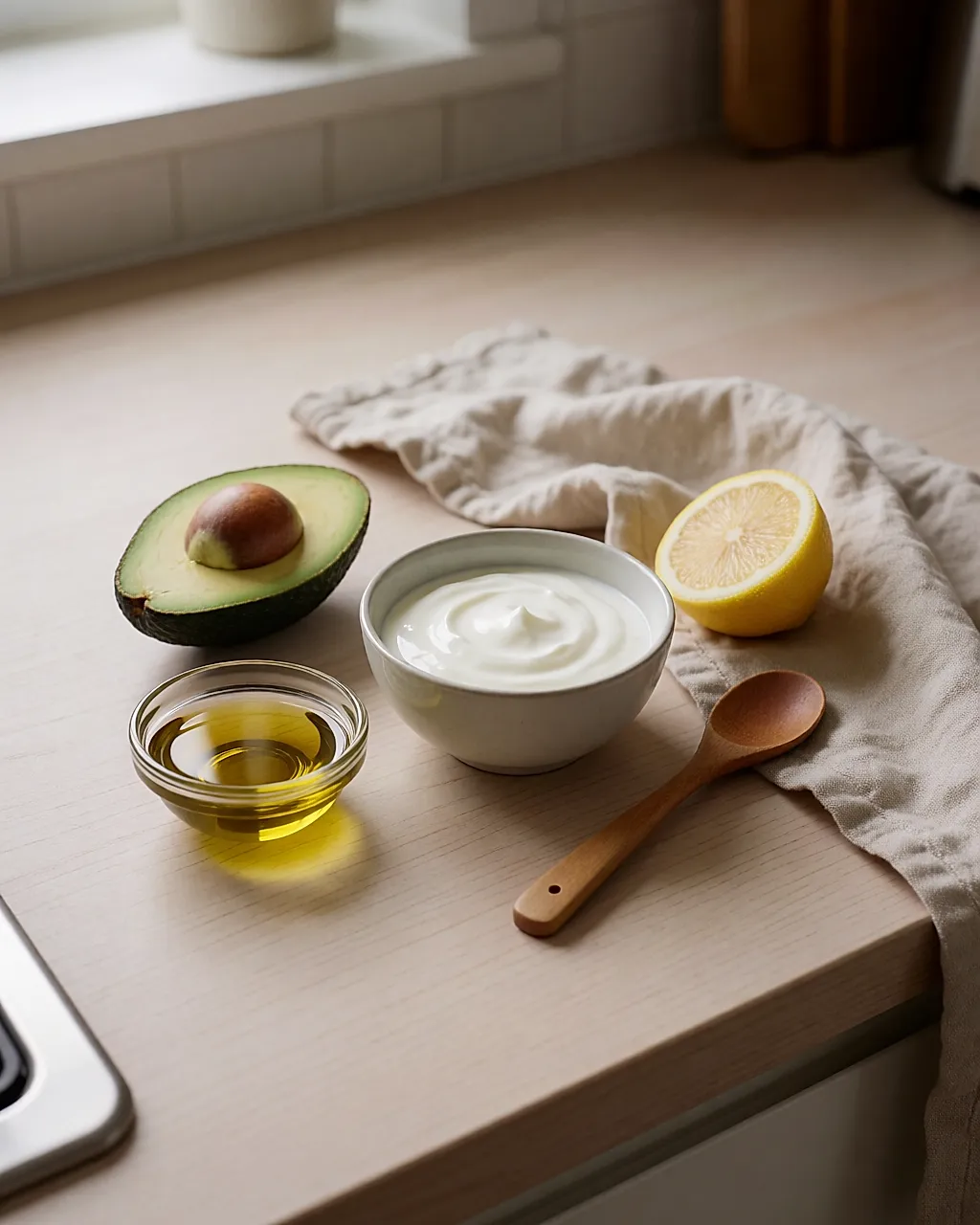 Ingrédients du soin maison : avocat, huile d'olive, yaourt et citron