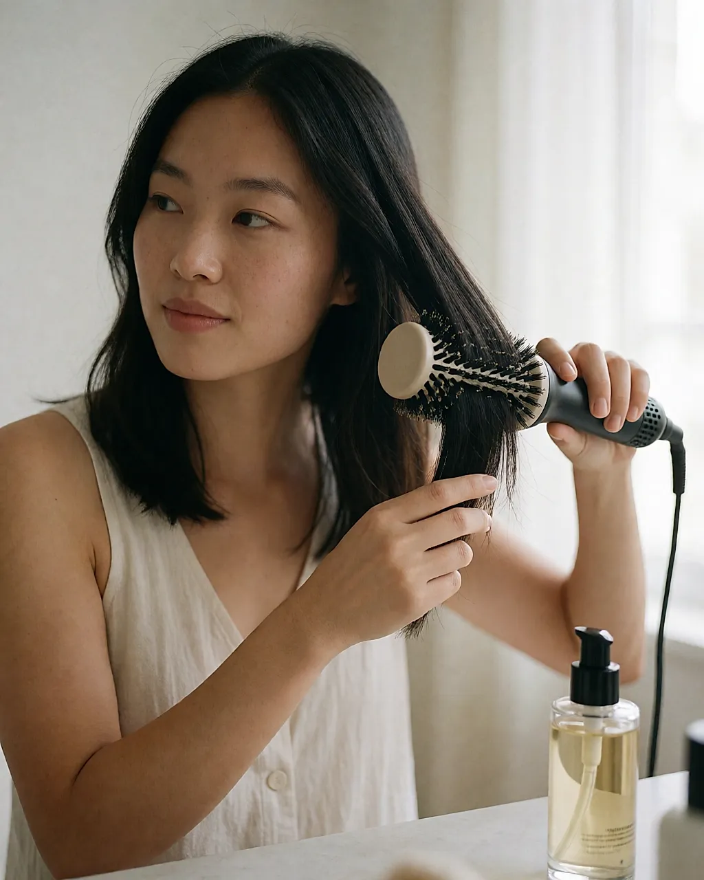Brushing maison au sèche-cheveux et à la brosse ronde en poils de sanglier