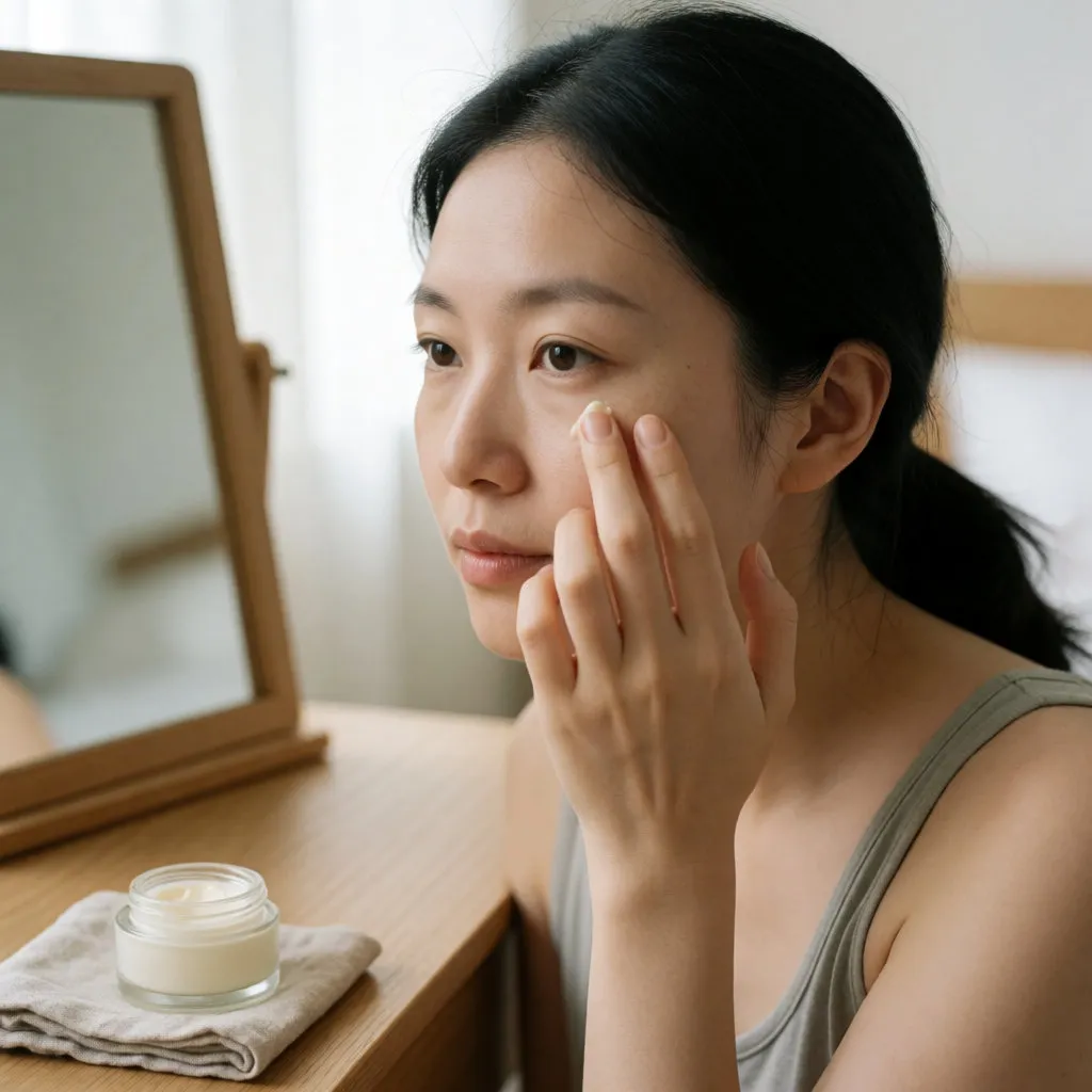 Jovem mulher aplica uma quantidade do tamanho de uma ervilha de creme para o contorno dos olhos com a ponta do dedo em frente ao espelho