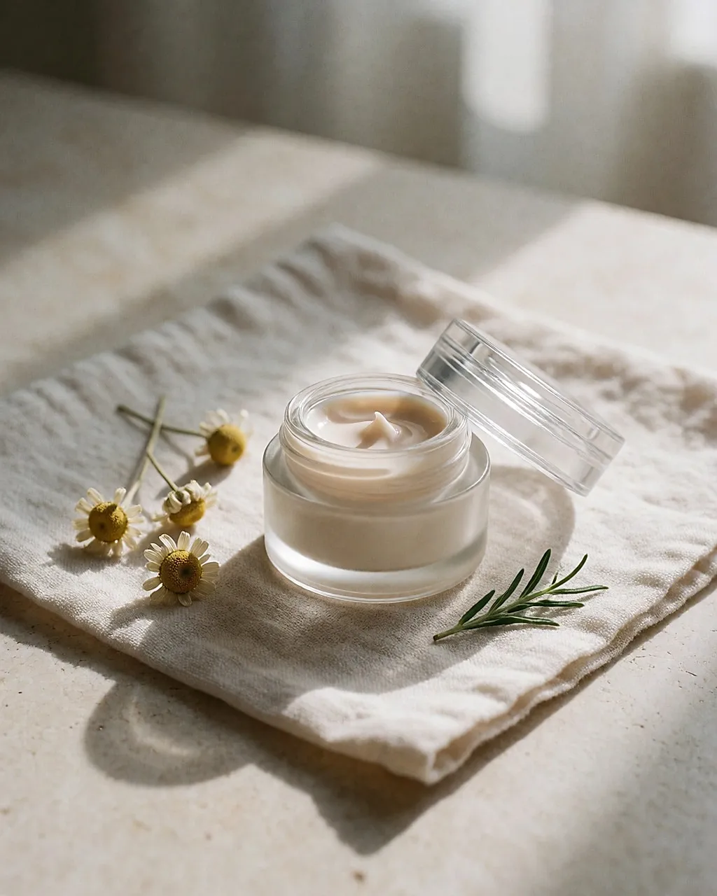 Frasco de vidro recarregável de creme para o contorno dos olhos sobre um pano de linho claro