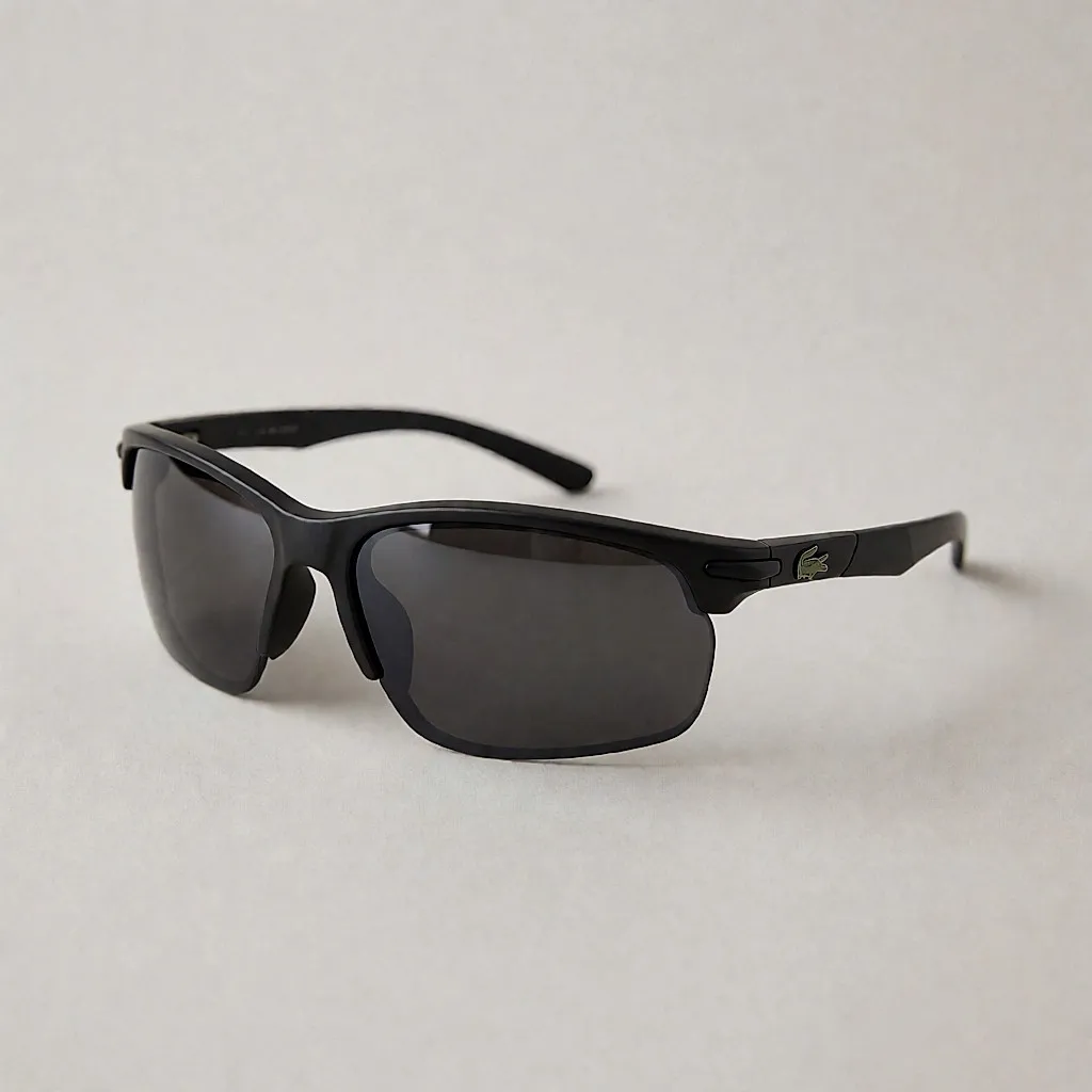 Óculos de sol com armação preta e lentes filtrantes, sobre um fundo claro