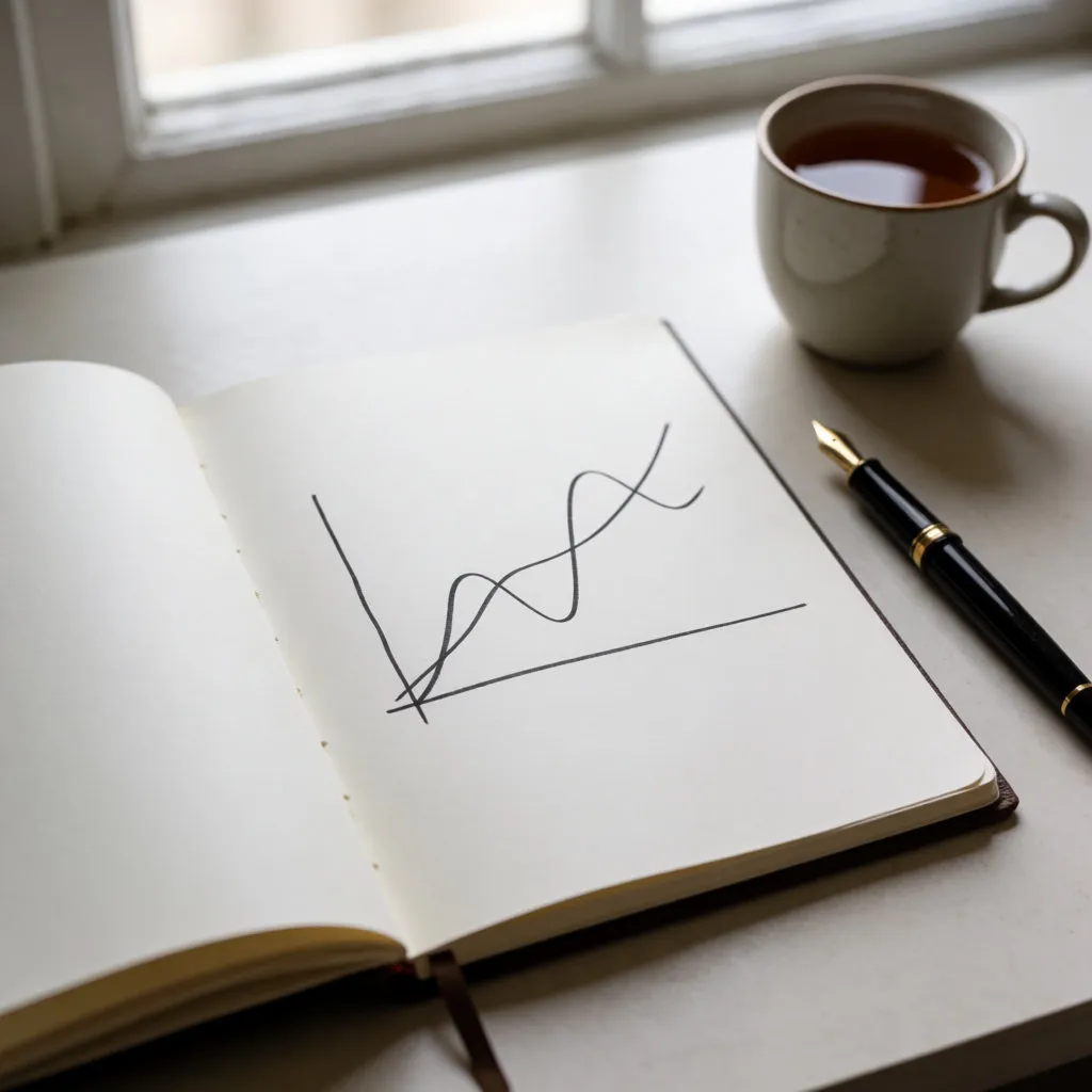 Aufgeschlagenes Notizbuch mit handgezeichnetem Kurvendiagramm, Stift und Teetasse auf einem hellen Schreibtisch