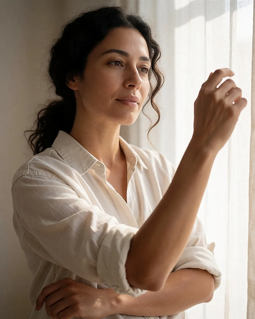 Mujer de tez oliva observando la piel de su antebrazo junto a una ventana, con luz de la mañana