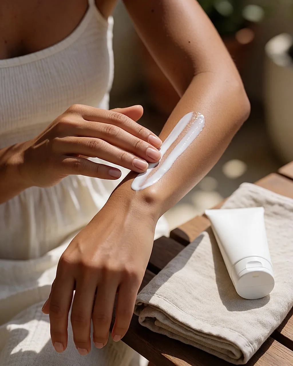 Gesto de aplicación de una crema solar a lo largo de un antebrazo, con dos trazos visibles sobre la piel