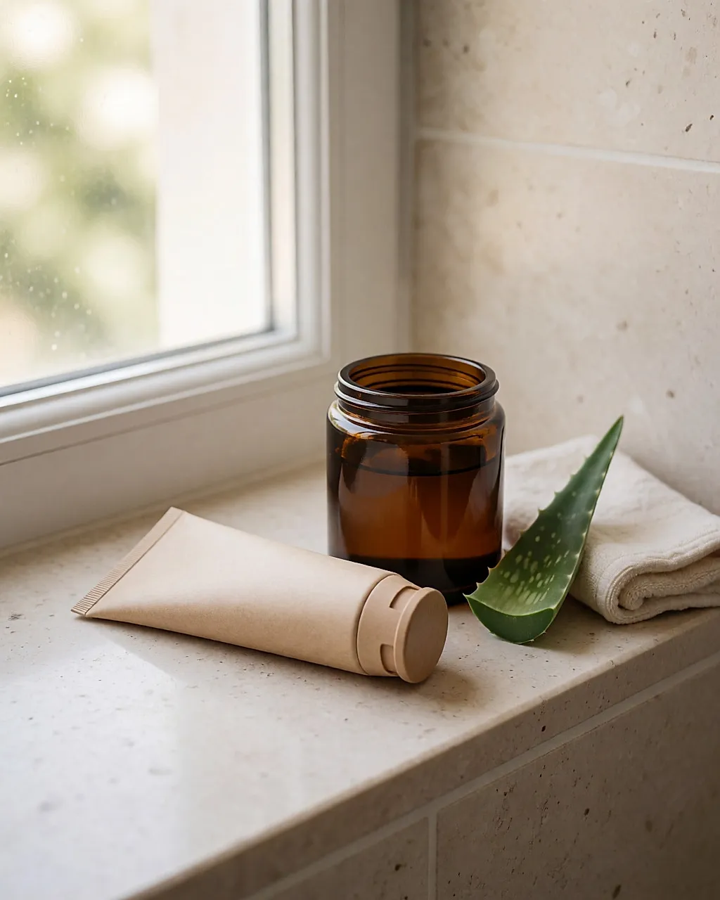 After-sun en un tubo de cartón kraft y un frasco de vidrio recargable sobre una estantería de baño luminosa