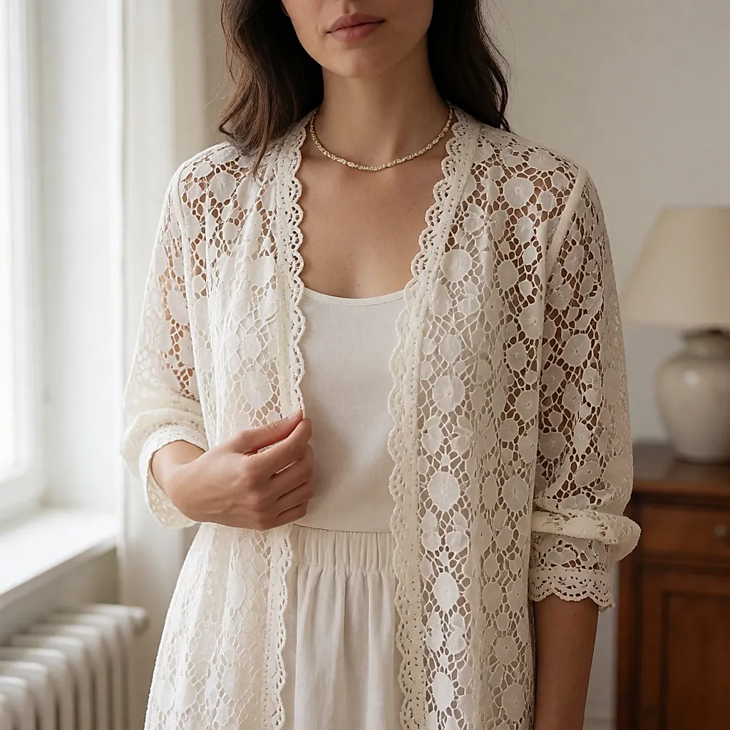 Spitzen-Top unter einer offenen Bluse mit feiner Kette