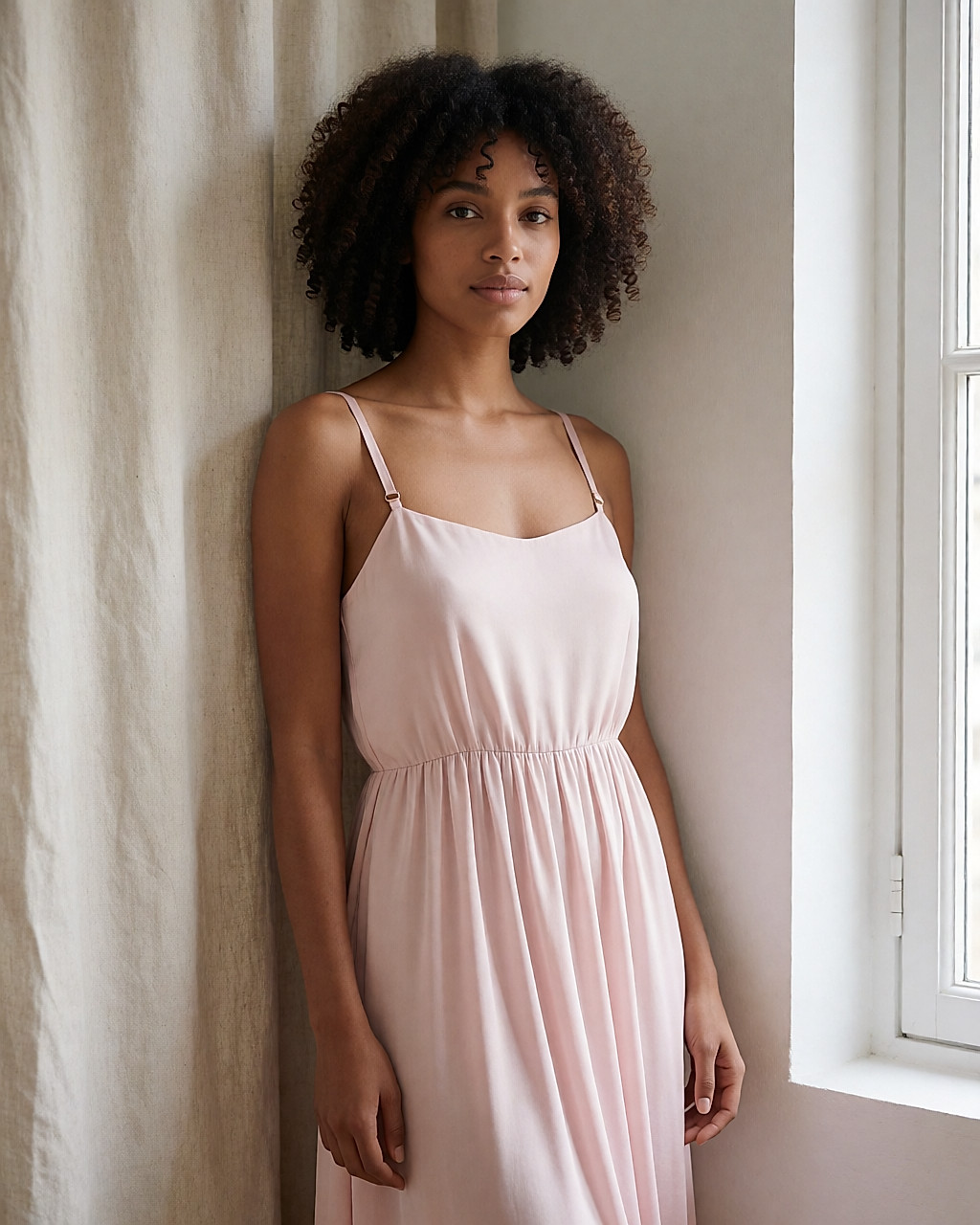Powder-pink evening dress with fine straps, worn three-quarter view in soft light