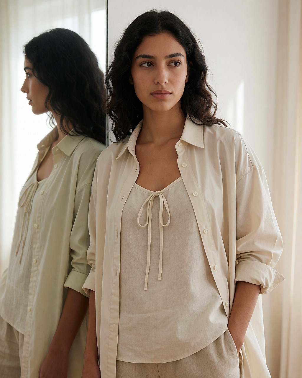 Poplin overshirt open over a silk-and-linen cami, layering in the wardrobe