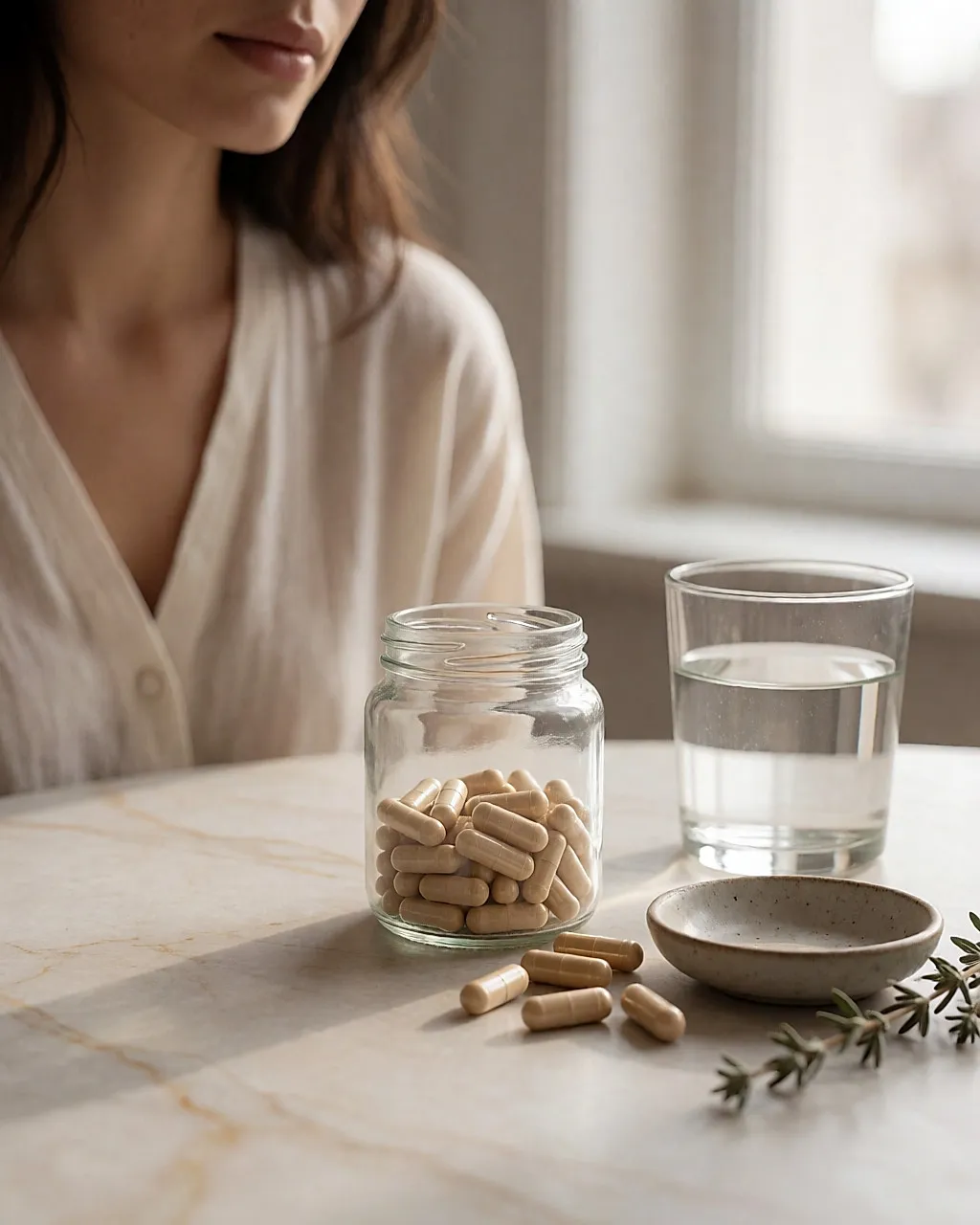 Probiotic capsules in a glass jar and a glass of water on a pale marble surface