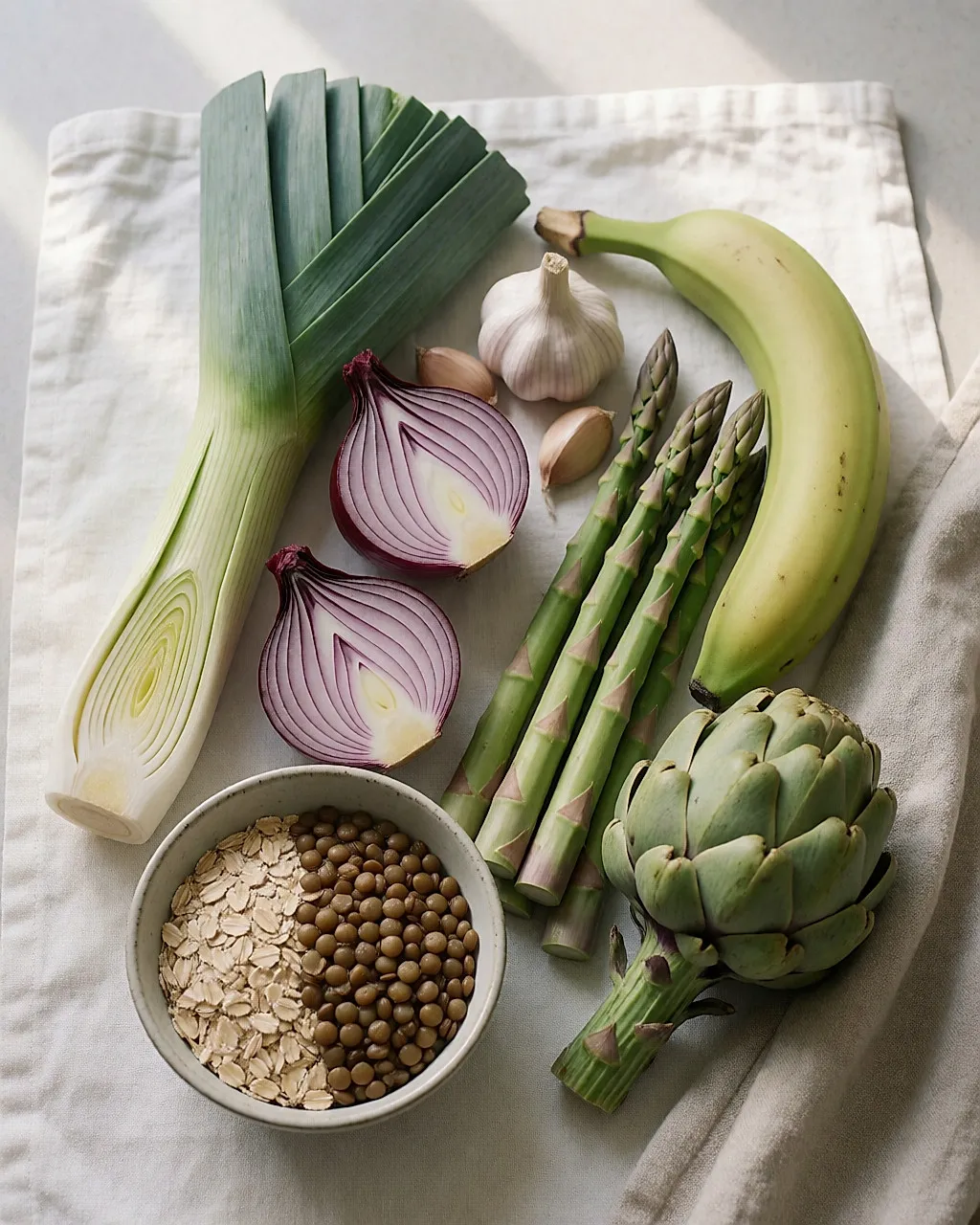 Leeks, onion, garlic, asparagus, artichoke, banana and oats laid flat on pale linen
