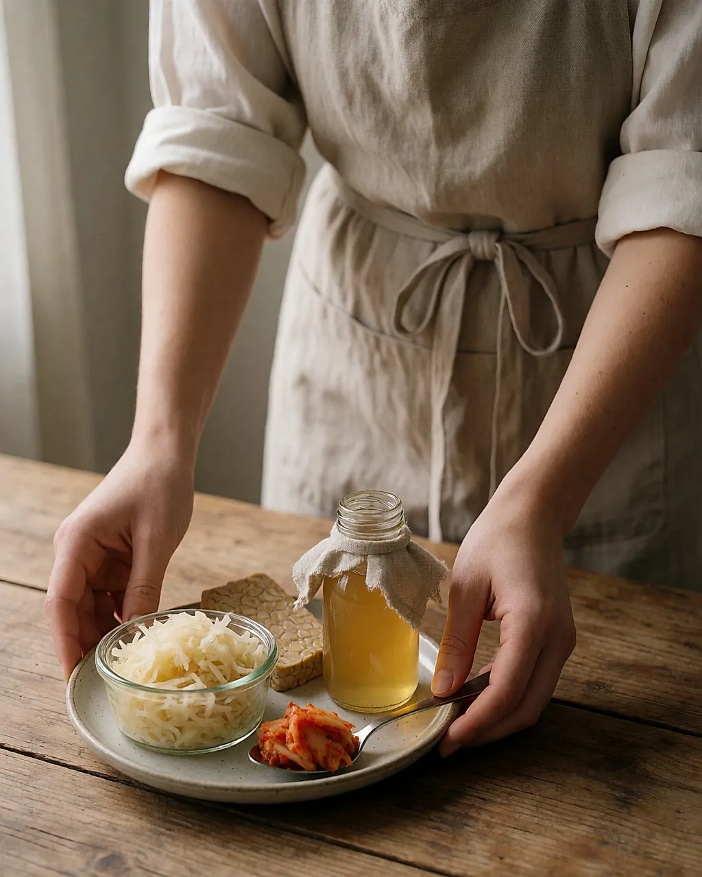 Hands of a young woman plating raw sauerkraut, kimchi and tempeh