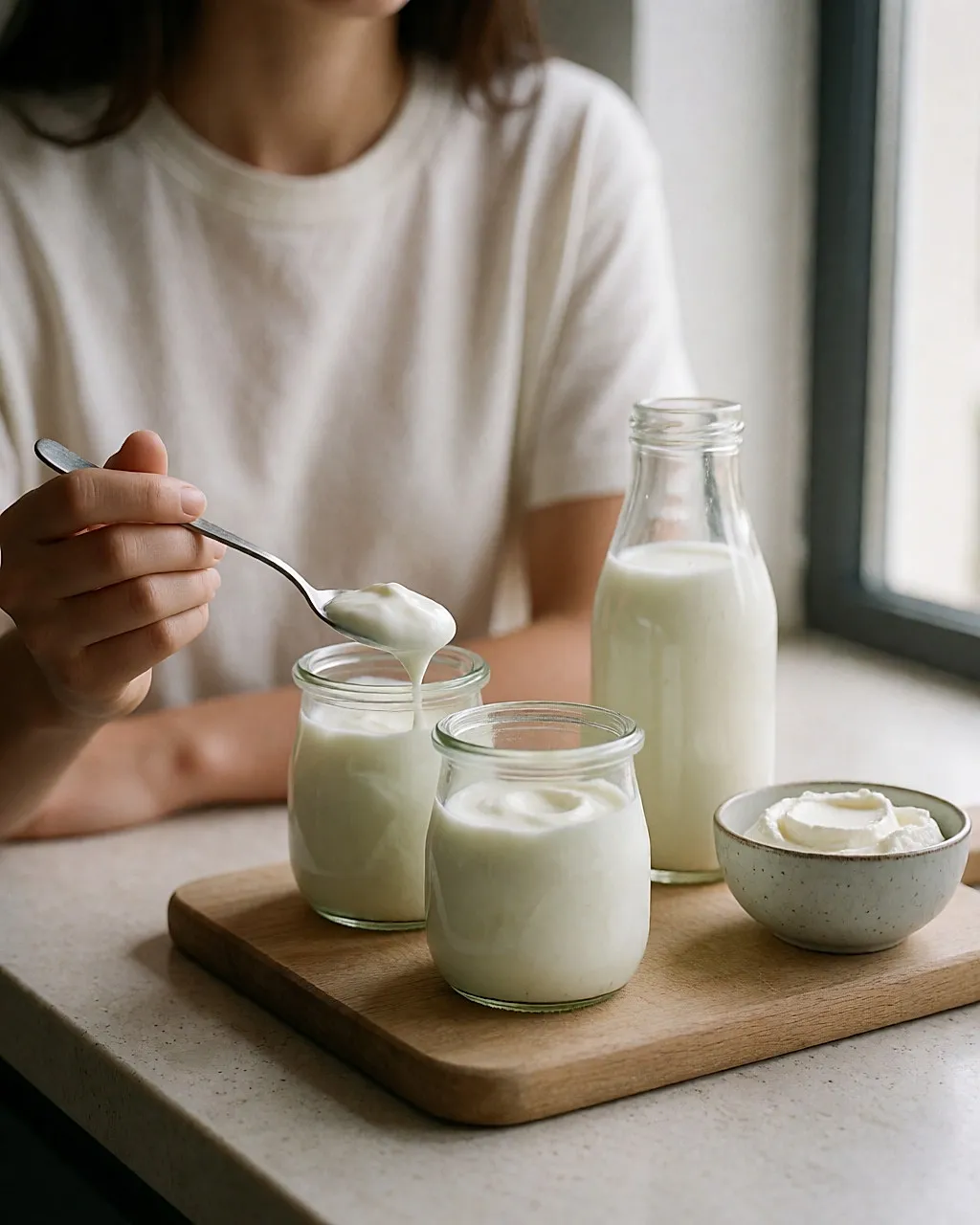 Pots of plain yoghurt and a bottle of kefir on a wooden board, natural light