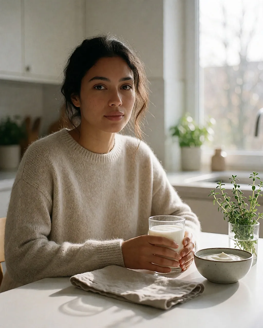 Young woman sitting at a kitchen table, a glass of kefir in her hands, morning light