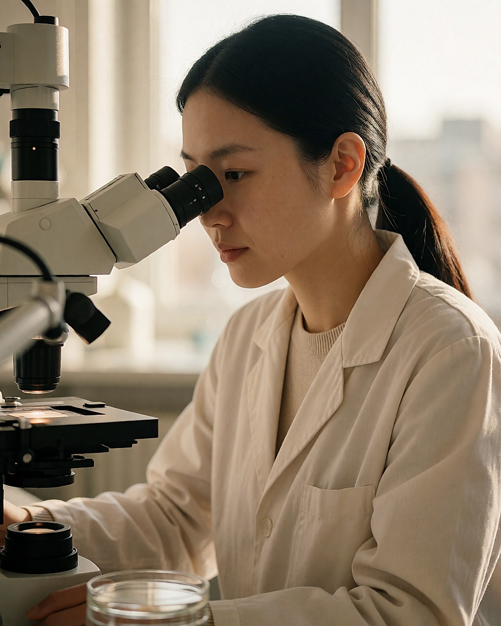 Embryologiste de profil devant un microscope équipé de micromanipulateurs, en laboratoire