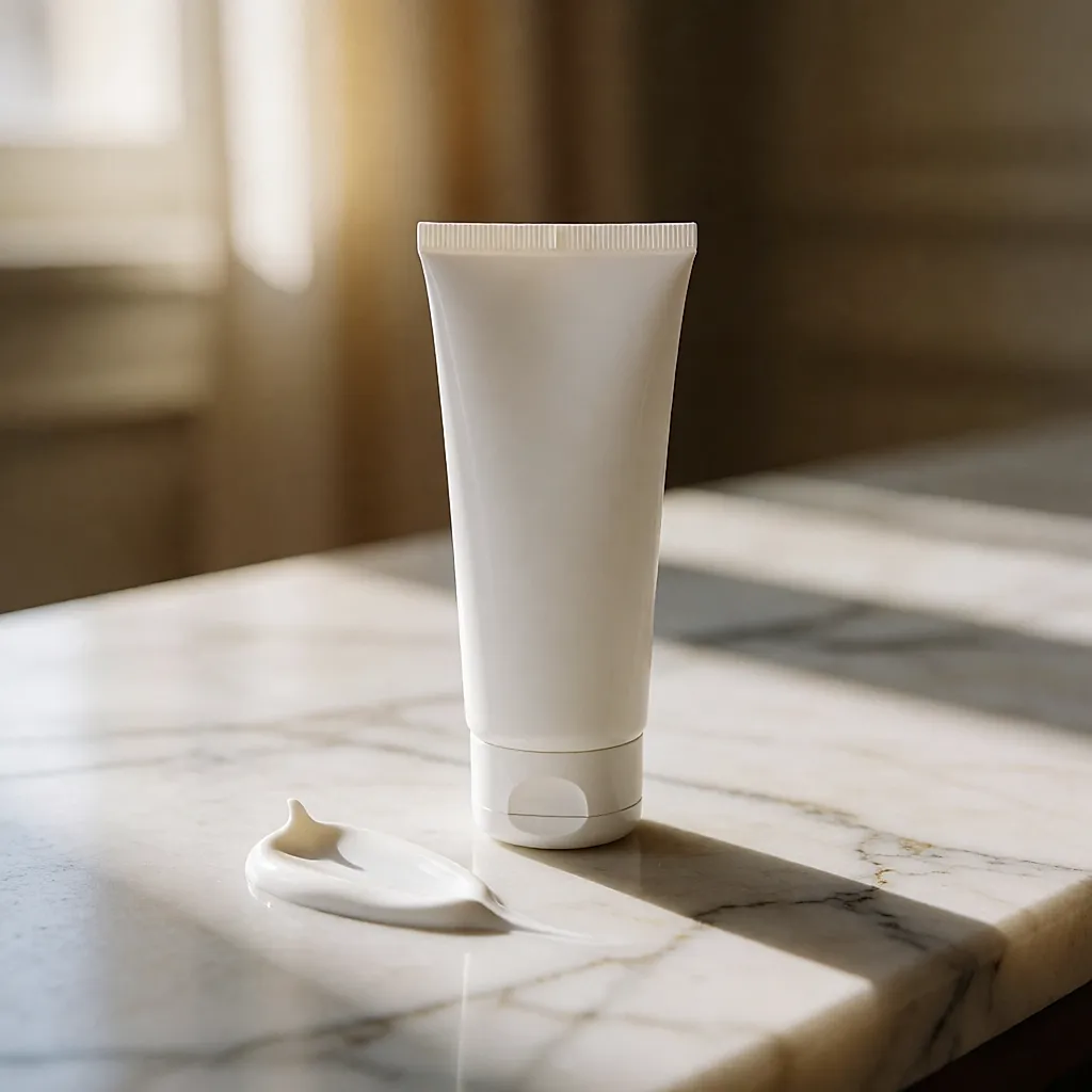 Tube blanc minimaliste de soin thermoprotecteur posé sur du marbre, trait de crème à côté