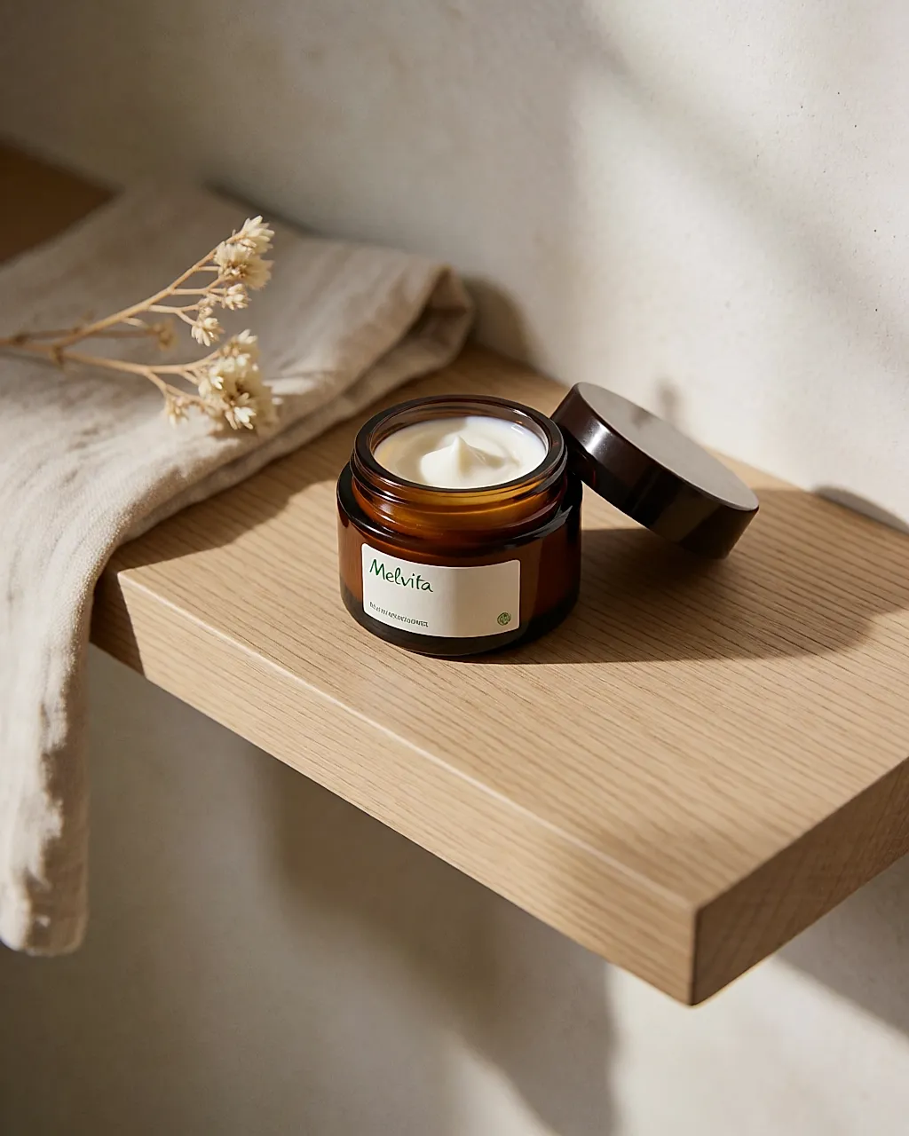 Ein Tiegel Nachtcreme aus Naturkosmetik in bernsteinfarbenem Glas auf einer Badezimmerablage