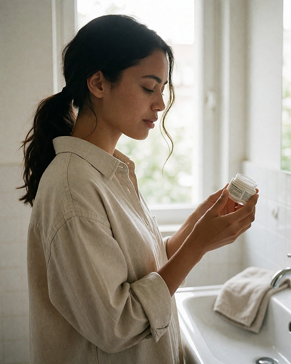 Jeune femme lisant la liste INCI au dos d'un pot de crème, dans une salle de bain lumineuse