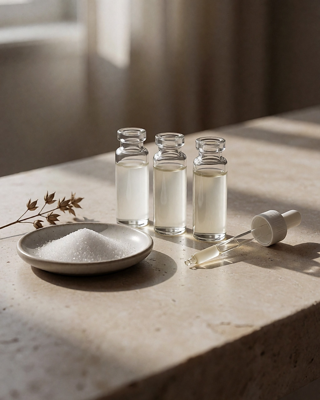 Trois petits flacons de verre transparent, une coupelle de poudre blanche et une pipette sur une surface de pierre beige