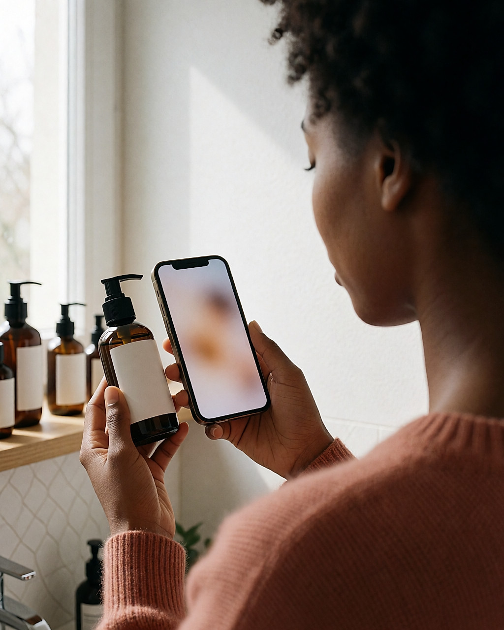 Mains tenant un téléphone qui scanne le code-barres d'un flacon de cosmétique dans une salle de bain claire
