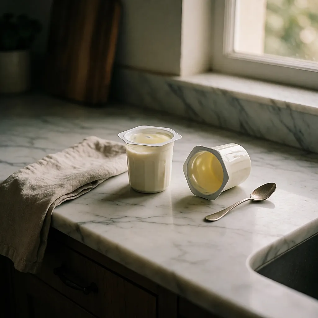 Mujer joven en su cocina, con un yogur light en la mano y otro envase vacío al lado