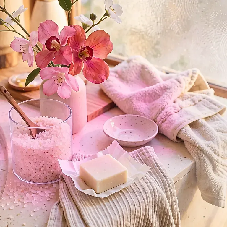 Bath products and a wellbeing ritual: salts, a solid bar and a 37°C bath