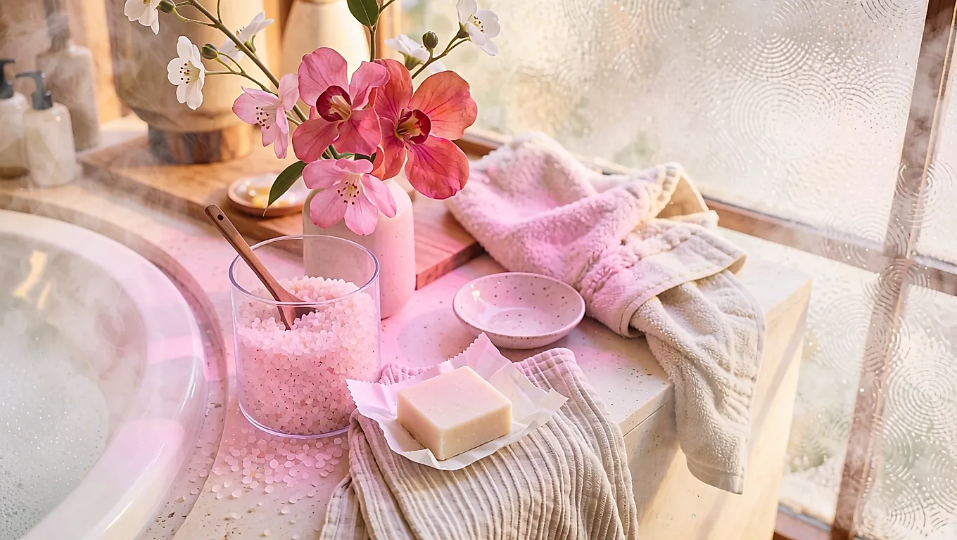 Bath products and a wellbeing ritual: salts, a solid bar and a 37°C bath