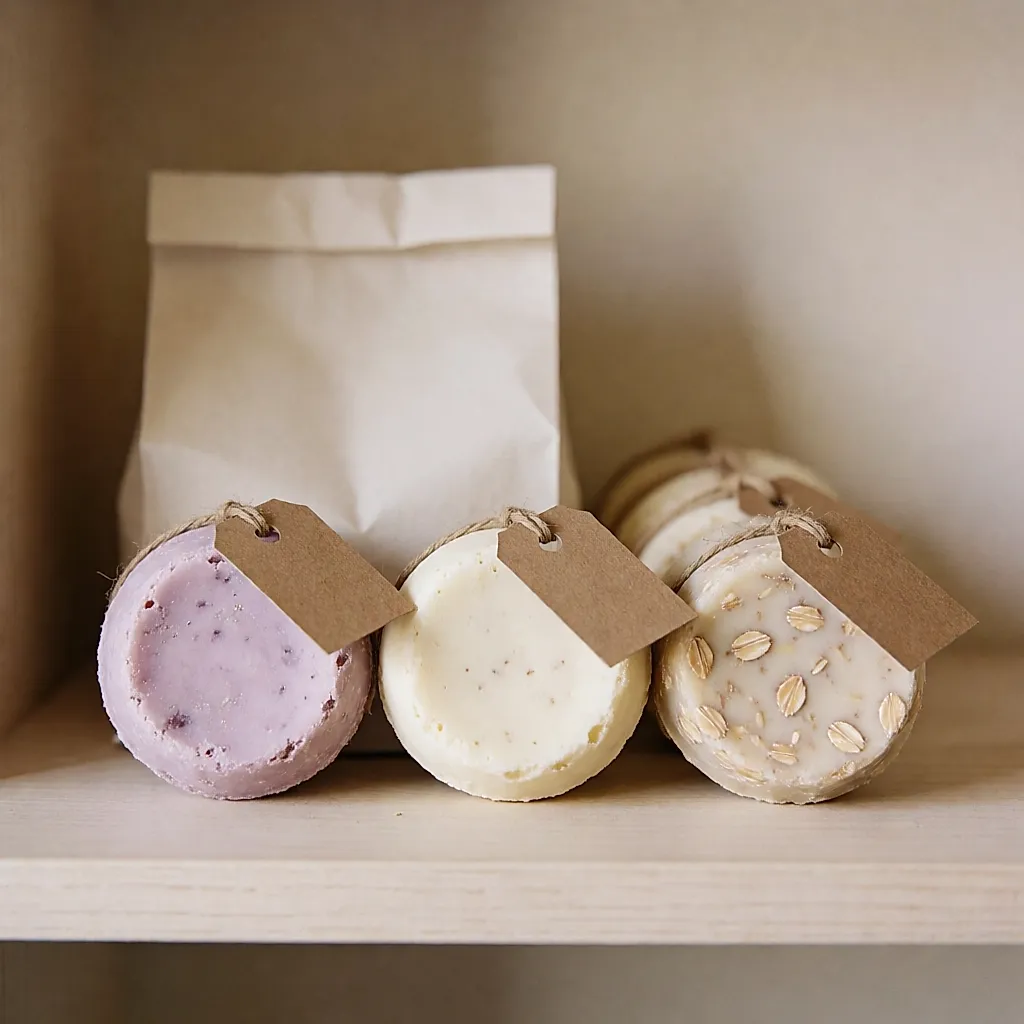 Lush bubble bars and solid bath bars lined up on a wooden shelf
