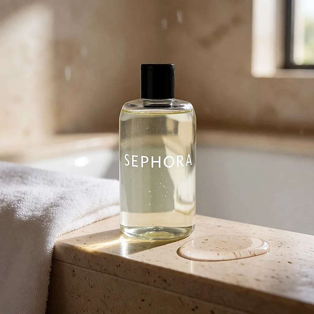 A Sephora Collection shower gel on the edge of the bathtub