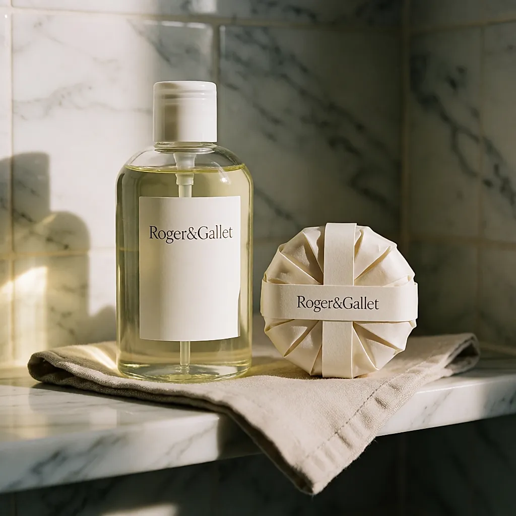 A round Roger&Gallet soap and shower gel on a marble shelf