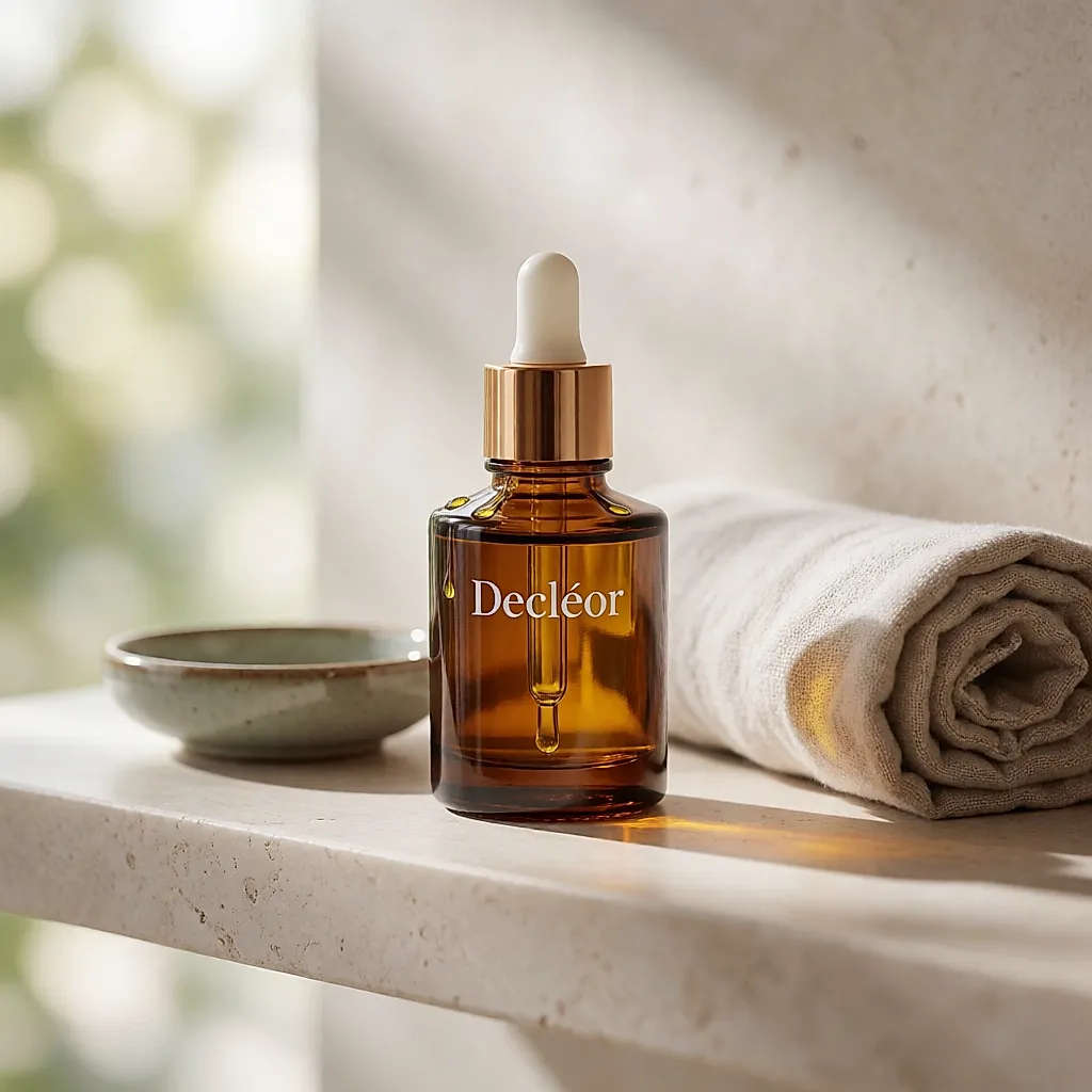 An amber Decléor pipette bottle on a stone shelf
