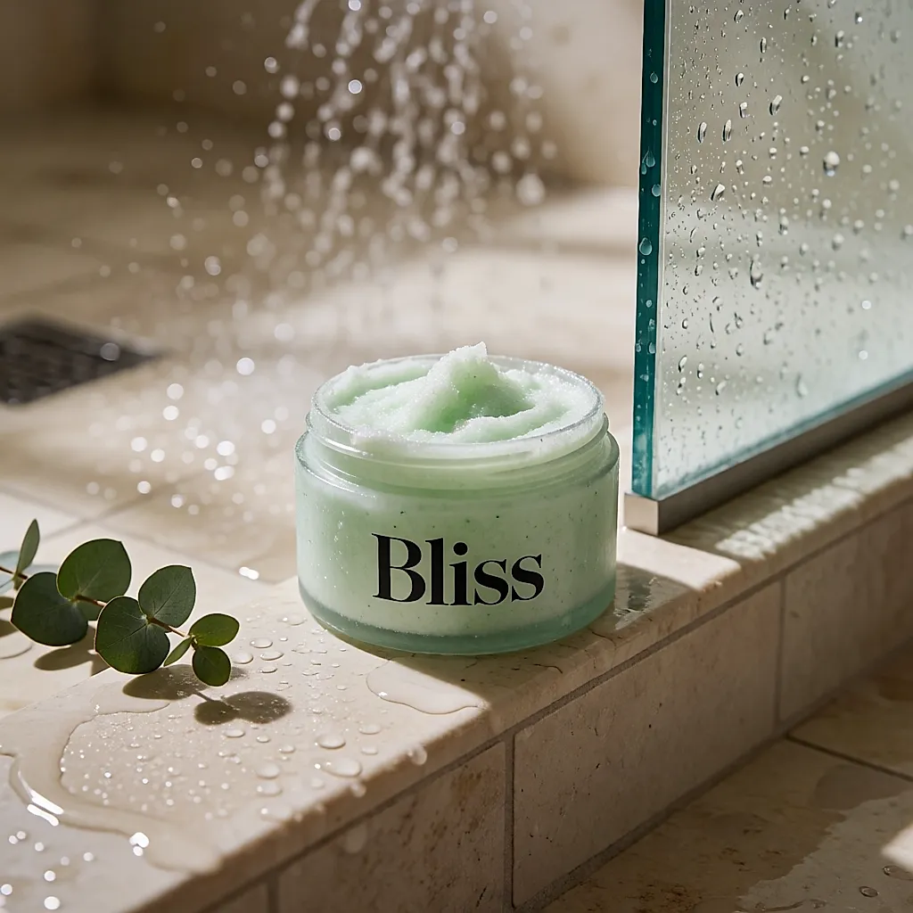 An open pot of menthol body scrub in the shower