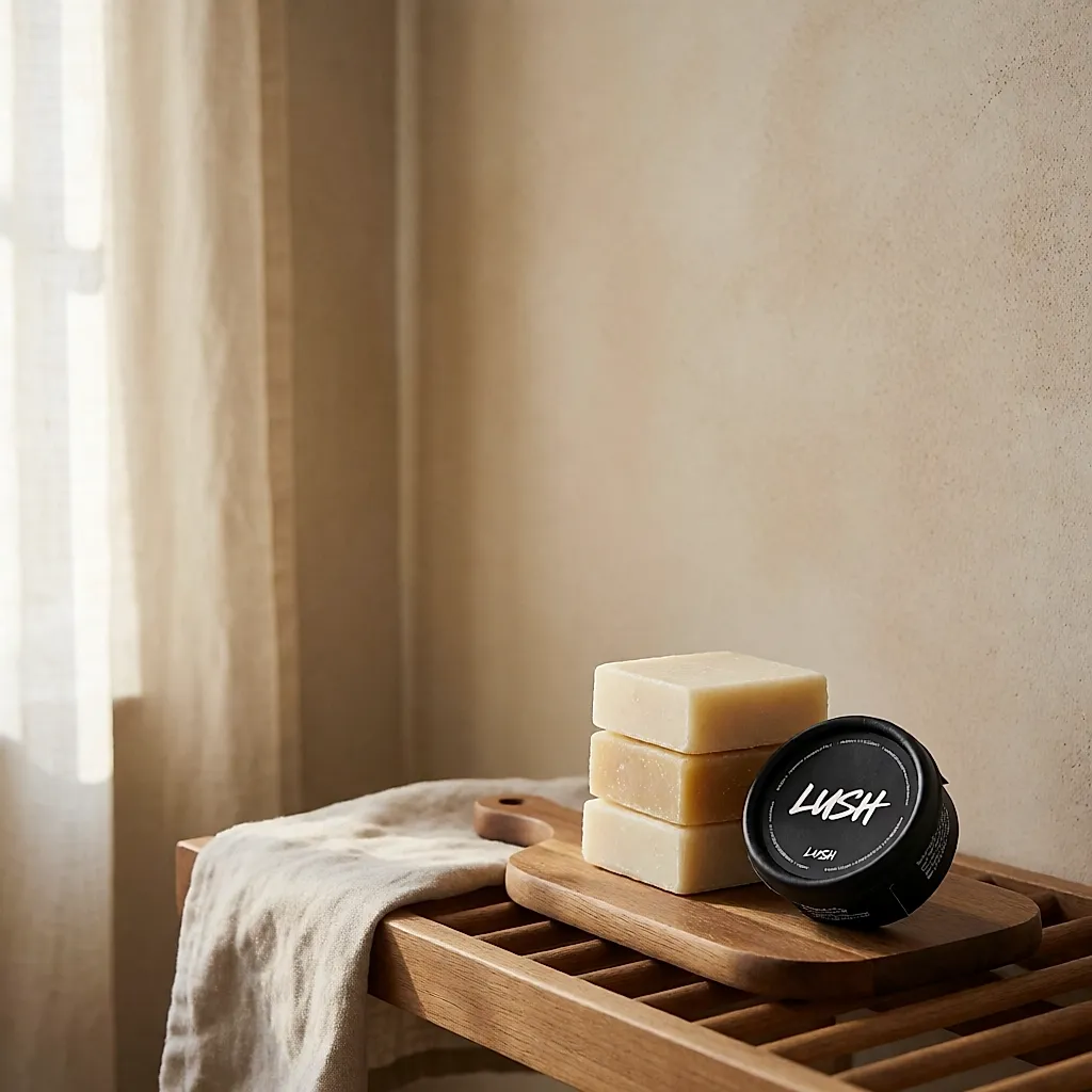 Three Lush solid bath bars stacked on a wooden board