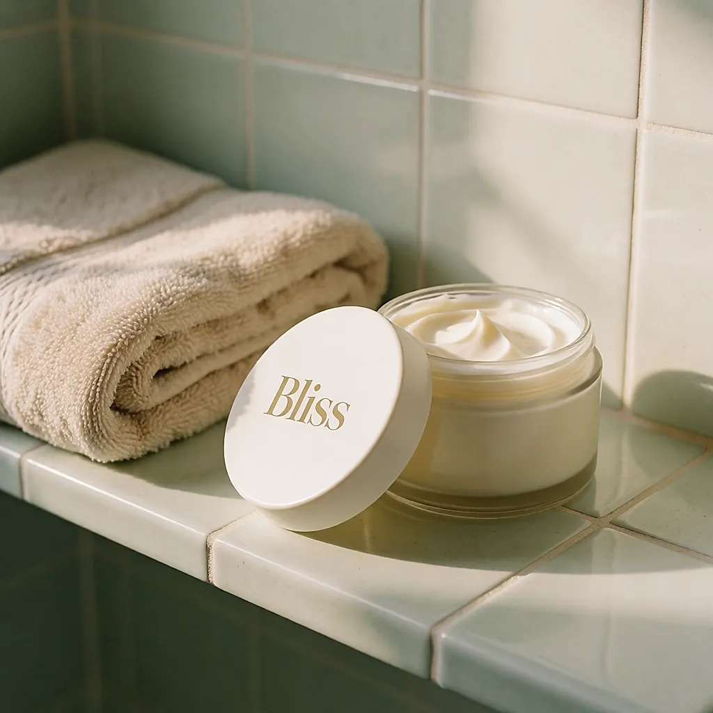 An open pot of Bliss body butter on a bathroom shelf