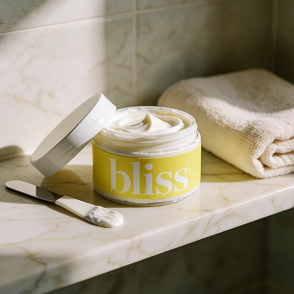 An open pot of Bliss body butter on a bathroom shelf